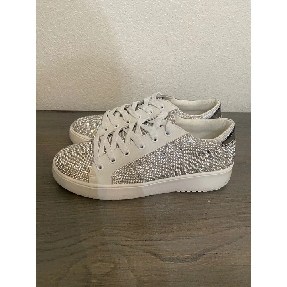 Steve Madden Rhinestone Sneakers Platform White Silver Women 9M‎ S Sparkle Bling